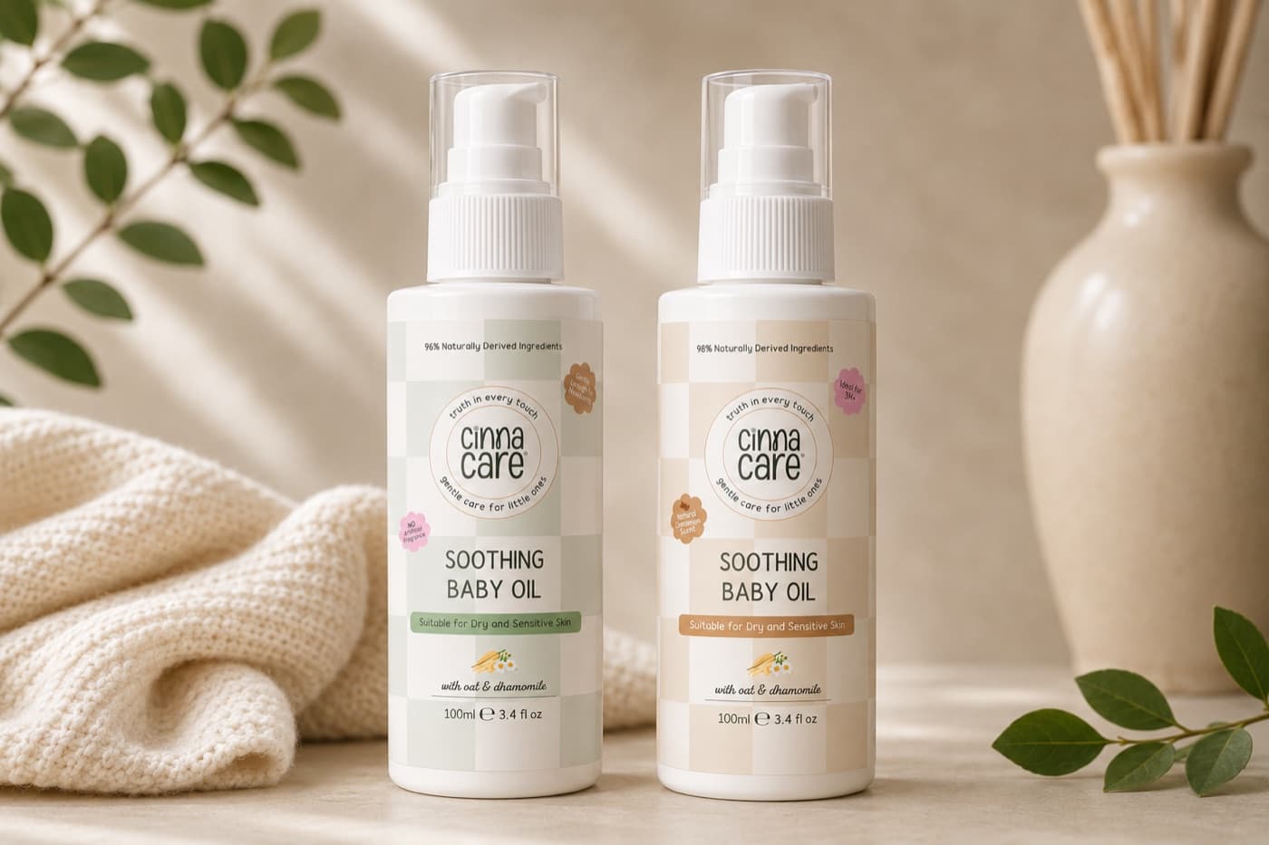 Two Cinnacare Soothing Baby Oil bottles on a pale surface beside a knitted blanket and eucalyptus leaves