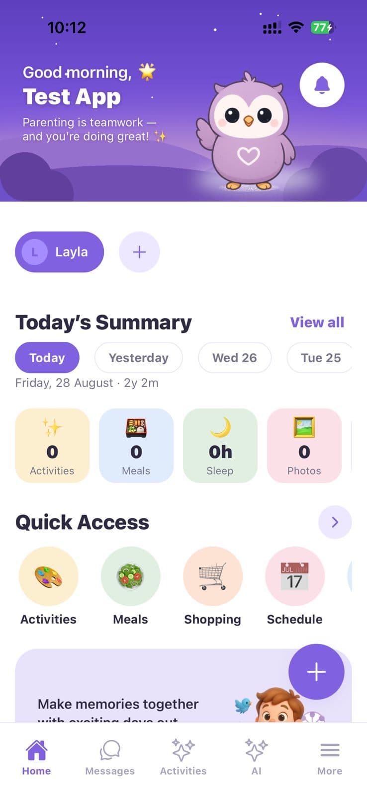 The Nurture app home screen, showing a child profile, the day's summary of activities, meals, sleep and photos, and quick access tiles